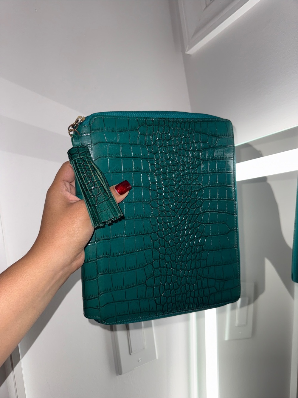 Green Croc-Embossed Zip Clutch for iPad